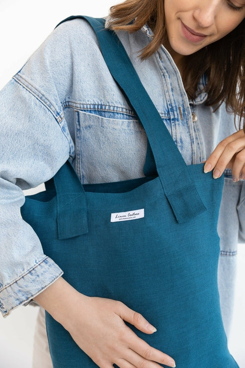 Bolso tote grande de lino verde grisáceo